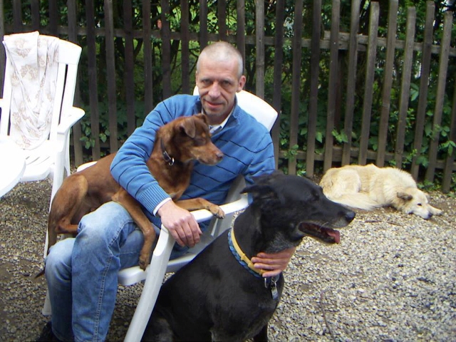 Dusty (rechts) und Tierschutzhund Tamino aus Italien (Schoß).