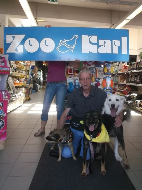 Mit Gasthund Rocky (links), Foxi (Mitte) und Luna (rechts) bei Zoo Karl.