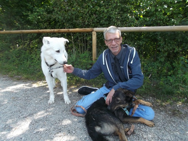 Mit Luna (links) und Tierheim­hund Foxi (vorne).